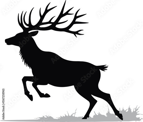 Majestic stag silhouette leaping through grassland
