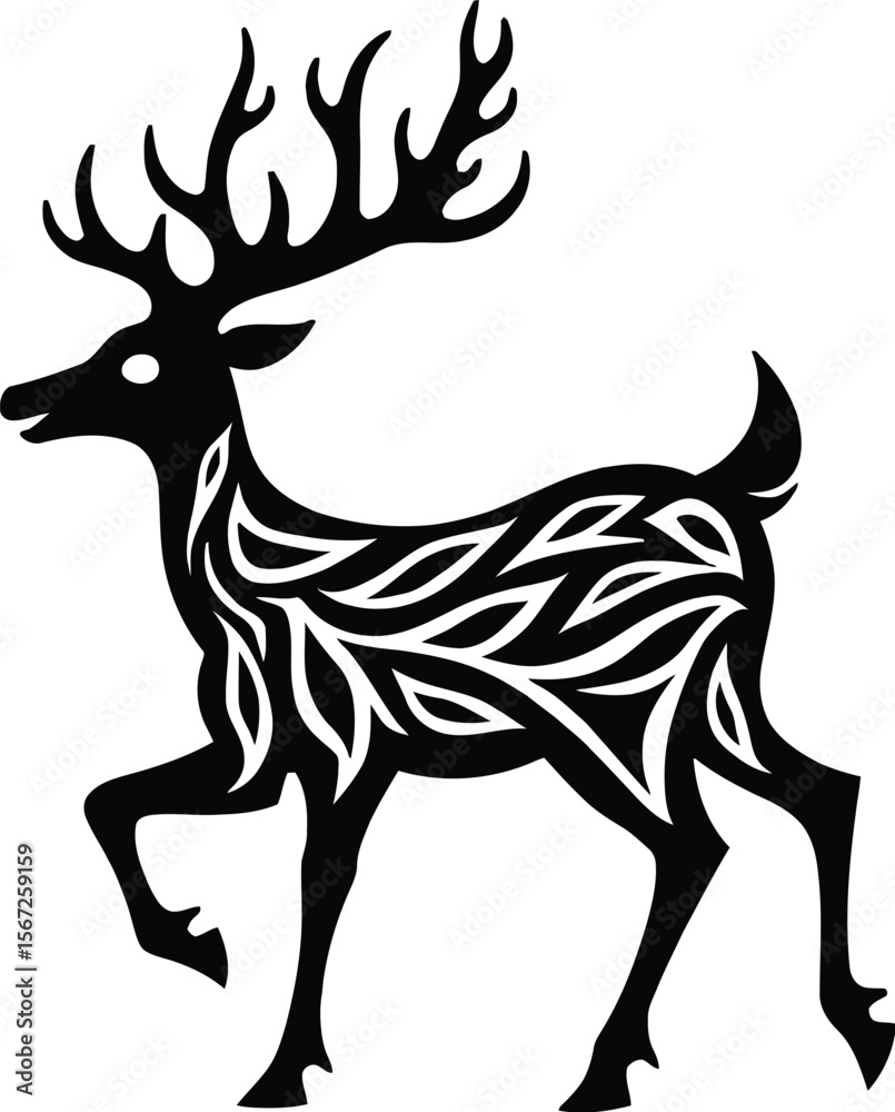 Obraz premium Elegant black silhouette of a deer with intricate leaf design