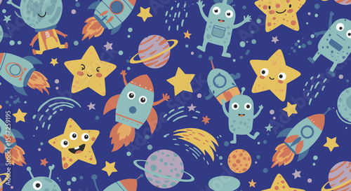 A colorful and whimsical illustration of space-themed elements, including rockets, planets, stars, and friendly alien characters, creating a vibrant and playful design on a dark blue background.