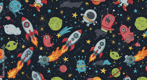Whimsical cartoon space pattern featuring rockets, planets, stars, and cute aliens in a vibrant, playful cosmic scene.