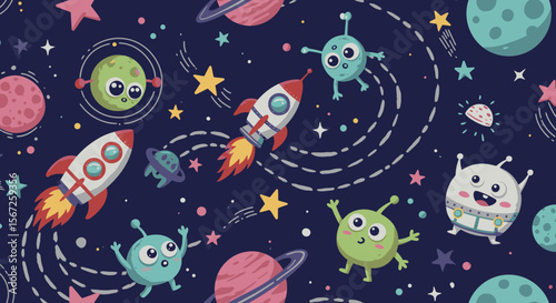 A whimsical seamless pattern featuring cute cartoon rockets, colorful planets, twinkling stars, and friendly aliens exploring the vastness of outer space.