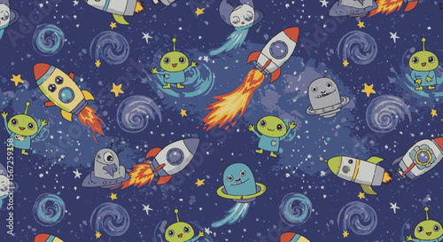 Adorable cartoon rockets and aliens fly across a dark blue space background, creating a whimsical and fun cosmic pattern perfect for kids' textile designs or playful branding projects.