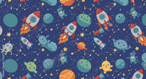 A vibrant, cartoonish space-themed pattern featuring rockets, planets, stars, and friendly alien characters, perfect for children's designs and educational materials.