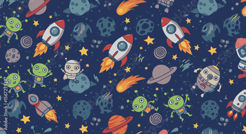 Whimsical cartoon space scene featuring friendly aliens, rockets, planets, and stars on a dark blue background.