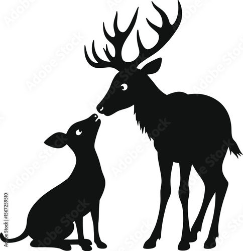 Silhouette of a deer and a small dog nuzzling