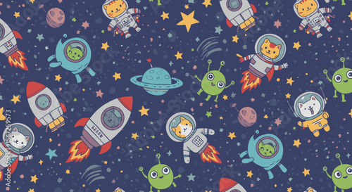 A whimsical seamless pattern featuring cute cartoon cats in astronaut suits, friendly green aliens, and colorful rockets flying through a starry outer space.