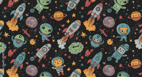 A whimsical, colorful pattern featuring rockets, planets, aliens, and adorable space creatures against a black background, perfect for children's designs and playful themes.