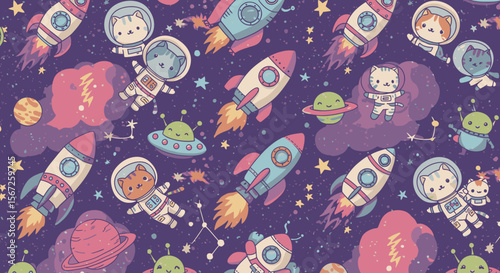 Whimsical space-themed pattern featuring cute animal astronauts, rockets, and planets, perfect for children's products, textiles, and playful designs with a fun, cartoonish vibe.