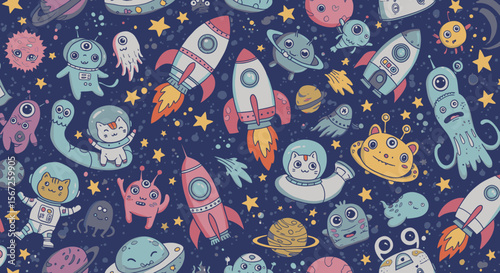 A whimsical seamless pattern featuring cute hand-drawn rockets, planets, stars, and friendly alien characters floating in a dark blue outer space background.