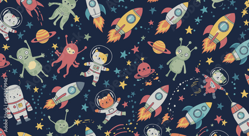 Whimsical cartoon astronauts and aliens explore a vibrant galaxy filled with colorful planets, rockets, and stars.
