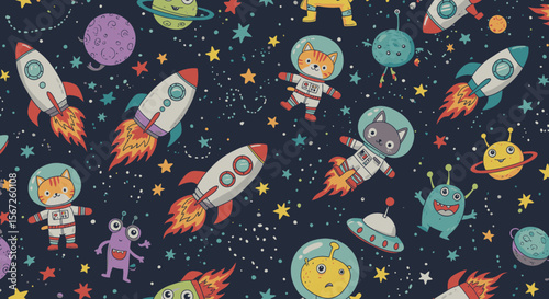 Whimsical cartoon space pattern featuring friendly aliens, cute cats in astronaut suits, rockets, planets, and stars on a dark blue background.