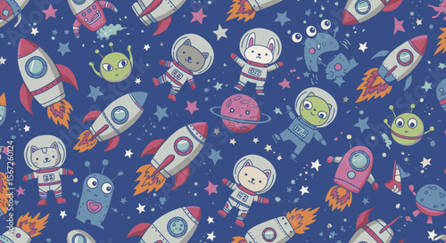 Adorable cartoon cats, dogs, and aliens in spacesuits fly through space among rockets and planets on a dark blue background, creating a whimsical and fun cosmic pattern.