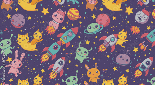 Whimsical cartoon space pattern featuring cute aliens, rockets, planets, and animals against a starry night sky.