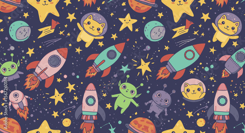 A whimsical seamless pattern featuring cute cartoon rockets, planets, stars, friendly aliens, and adorable astronaut cats exploring the vast outer space.
