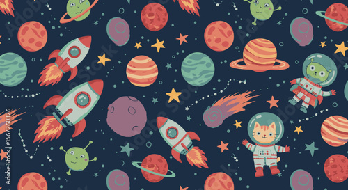 A playful cosmic background featuring cartoon rockets, vibrant planets, twinkling stars, and adorable alien characters exploring the vast universe.