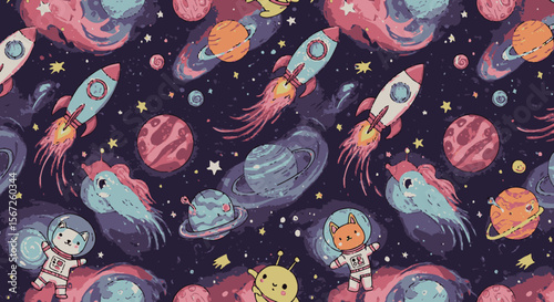 Adorable cartoon cats and dogs in astronaut suits explore a vibrant, colorful outer space filled with planets, rockets, and stars, creating a whimsical and fun seamless pattern.