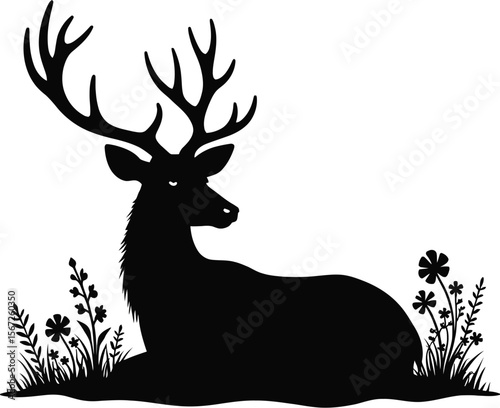 Majestic deer silhouette resting in wildflowers