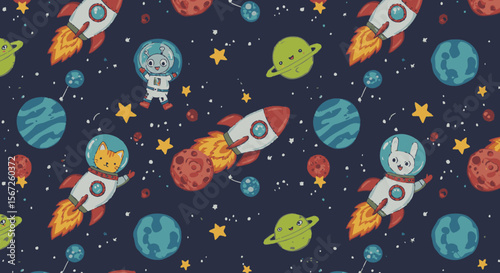 A whimsical seamless pattern featuring cartoon animals in space suits, rockets, planets, and stars against a dark blue background for children's designs.