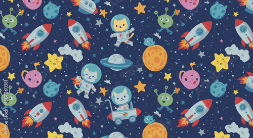Whimsical cartoon space scene featuring cute astronaut cats, friendly aliens, rockets, planets, and stars on a dark starry background.