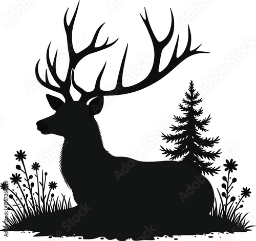Majestic deer silhouette resting in wildflower meadow