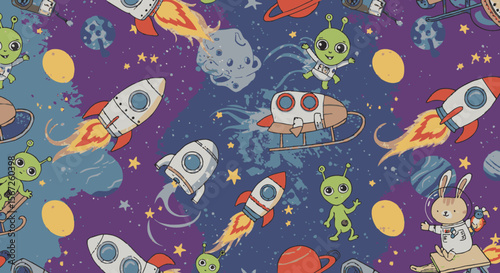A vibrant, whimsical seamless pattern featuring cartoon rockets, friendly green aliens, and celestial bodies floating in a starry purple galaxy.