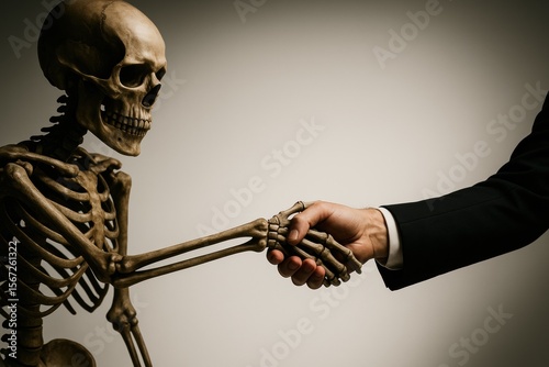 Man shakes skeleton hand for business legacy or risk awareness concept
