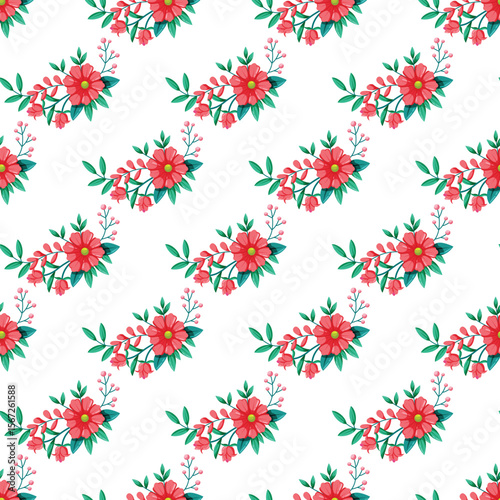 Wallpaper Mural Seamless Pattern with Vibrant Red Flowers and Green Leaves on White Torontodigital.ca