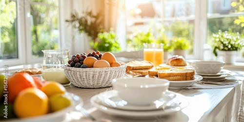 Wallpaper Mural A bright and airy kitchen where a family is setting the table for breakfast with fresh fruits, eggs, and toast Torontodigital.ca