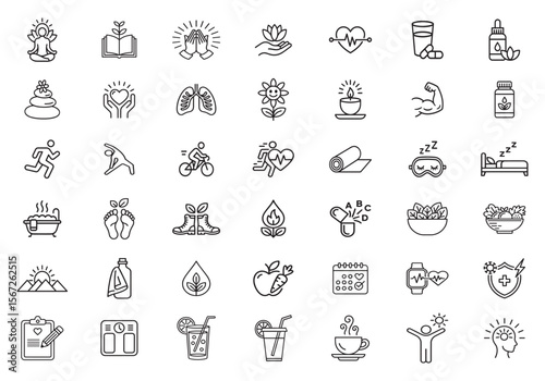 Vector icon set of wellness and self care, featuring mental health, relaxation, fitness, meditation, nutrition, and stress relief, in thin linear design