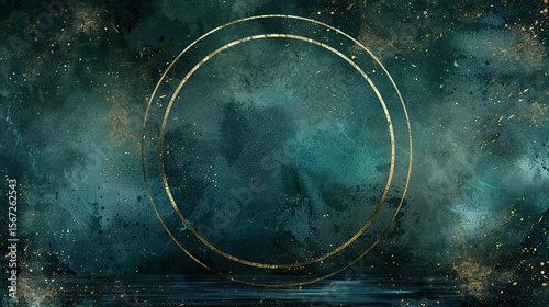 Abstract design featuring circular elements and a textured background in teal and gold hues.