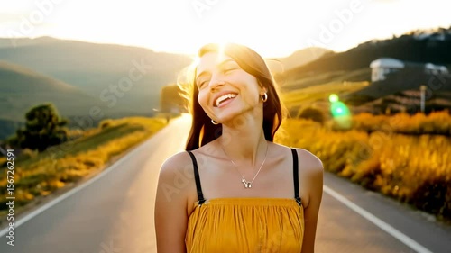Joyful Backpacker Walking Along a Rural Road Surrounded by Mountains
