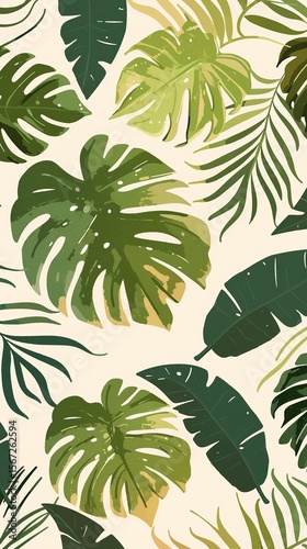 Tropical green monstera leaves pattern on beige background, watercolor style with organic shapes and textures, high resolution wallpaper design, suitable for interior decoration