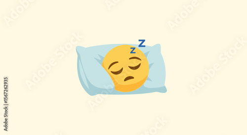 A yellow emoji sleeping soundly on a soft blue pillow, dreaming.