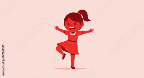 A happy cartoon girl with a ponytail, wearing a red dress, is playfully balancing on one leg with arms outstretched.