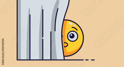 Cartoon emoji peeking from behind a gray curtain, partially hidden, with a curious expression.