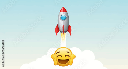 Joyful emoji watches rocket launch, symbolizing successful takeoff and achievement.