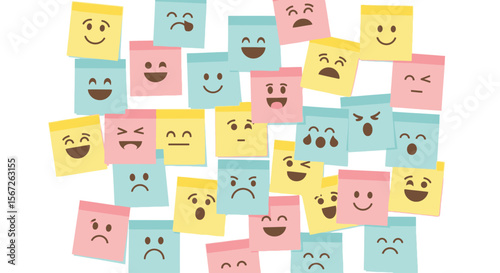 Colorful sticky notes scattered, expressing various emotions with different facial expressions.