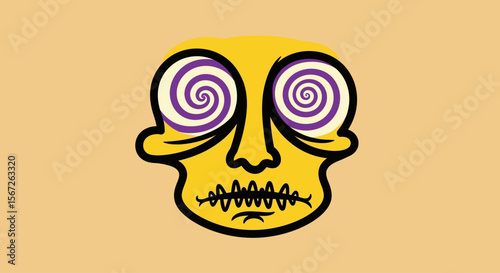 A stylized skull graphic with swirling eyes, conveying a sense of disorientation.