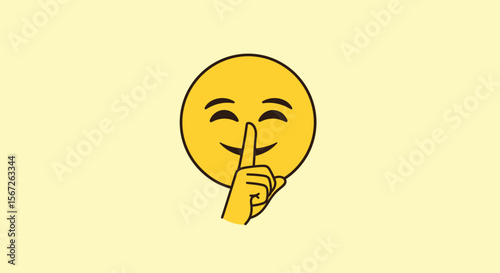 A cheerful yellow emoji face with a finger over its lips, conveying a message of silence or discretion.