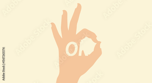 A peach-toned hand forms the "OK" sign, with the letters "OK" subtly incorporated within the gesture.