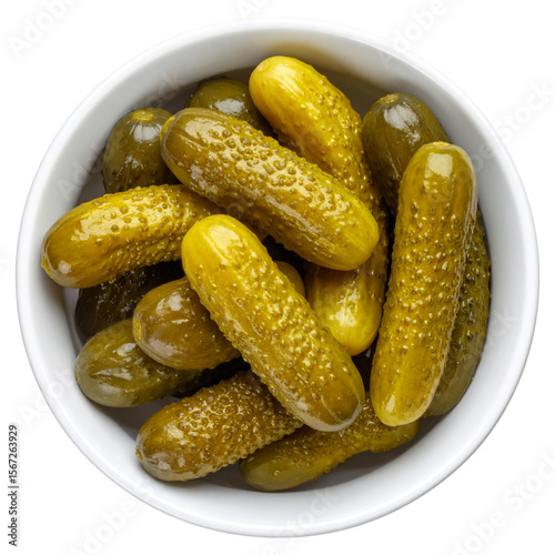 Classic Dill Pickles in White Ceramic Bowl, Top-Down View, isolated on transparent background PNG