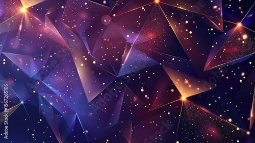 A vibrant abstract design featuring geometric shapes and sparkling lights.