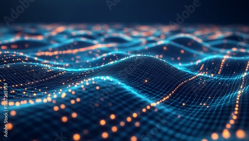Abstract Digital Wave Background with Glowing Blue and Orange Particles