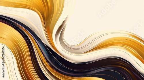 Abstract waves of gold and black flow across a light background, creating a dynamic visual effect.