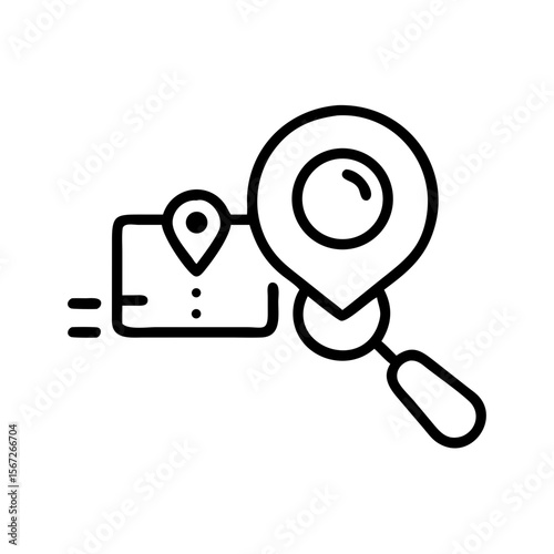 A search and mapping icon on the white background, represents navigation and localization. The elegant simplicity, with its clean lines, speaks of precision and guidance.