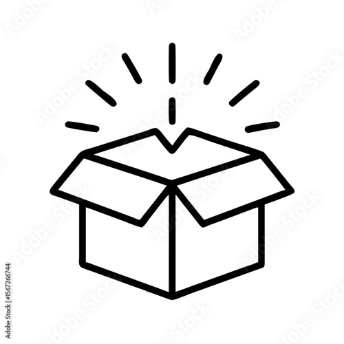An open box with radiant lines, symbolizing a gift or revealing something new, rendered in a simple, bold outline style.