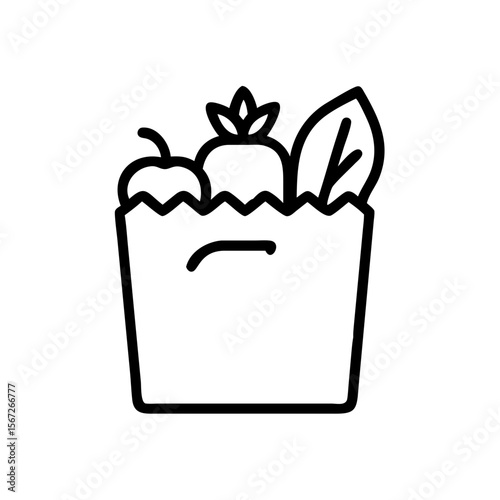A monochrome illustration of a paper bag filled with fresh groceries, symbolizing health, sustainability, and conscious consumption.
