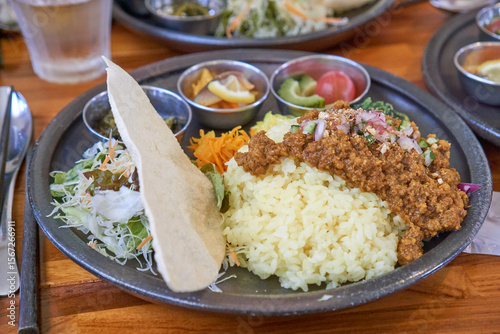 Japanese style keema curry(dry curry) with side dishes
