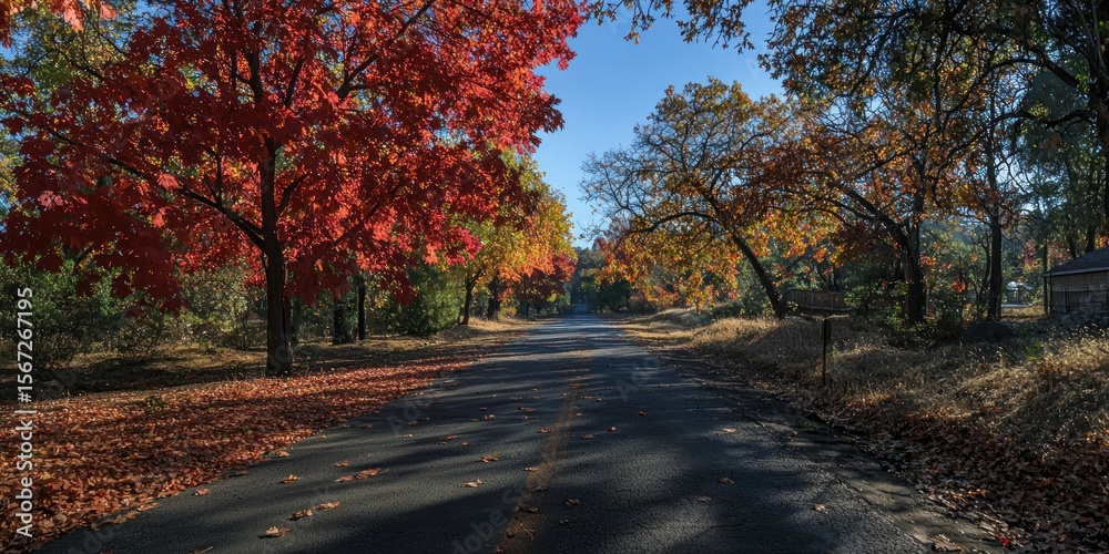 Obraz premium A canopy of bright red, orange, and yellow autumn leaves over a quiet road