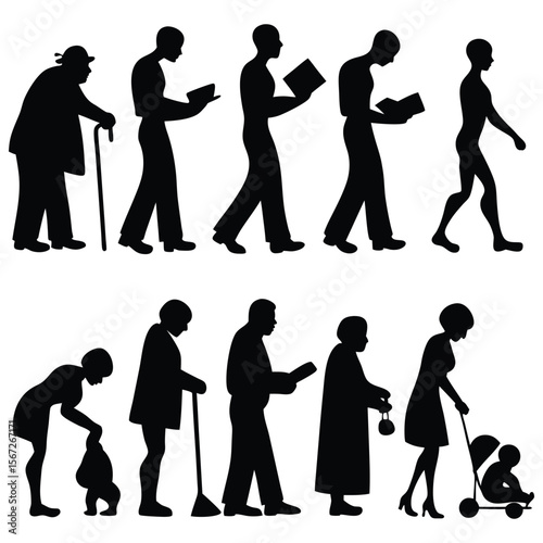 Human life cycle depiction showcases aging process from infancy, adulthood, to senior stages in silhouette figures.